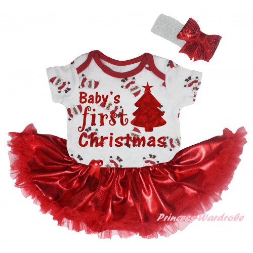 Christmas White Santa Claus Baby Bodysuit Bling Red Pettiskirt & Sparkle Baby's First Christmas Tree Painting JS5932