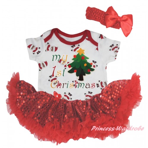 Christmas White Santa Claus Baby Bodysuit Bling Red Sequins Pettiskirt & My 1st Christmas Tree Painting JS5938