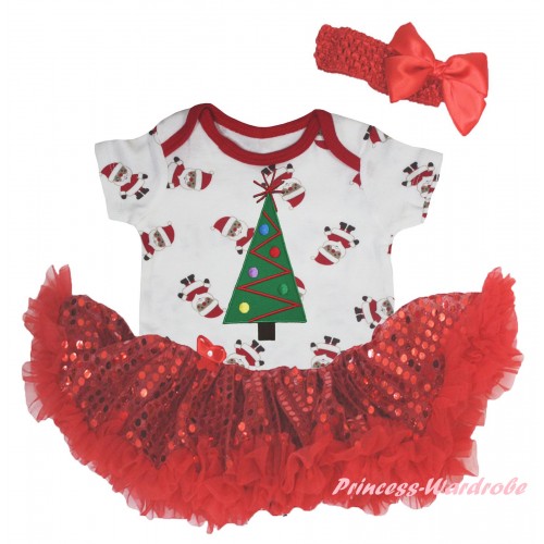 Christmas White Santa Claus Baby Bodysuit Bling Red Sequins Pettiskirt & Christmas Tree Print JS5941