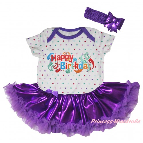 White Rainbow Dots Baby Bodysuit Bling Purple Pettiskirt & Happy Birthday Painting JS5950