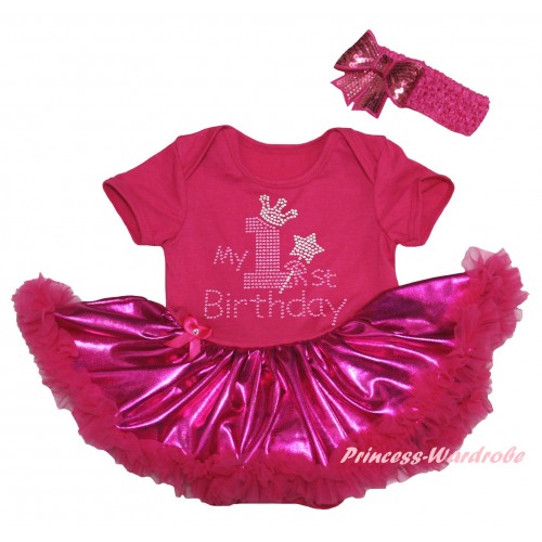 Hot Pink Baby Bodysuit Bling Hot Pink Pettiskirt & Sparkle Rhinestone My 1st Birthday Print JS5971