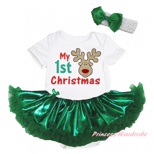 Christmas White Baby Bodysuit Bling Kelly Green Pettiskirt & My 1st Christmas Reindeer Print JS5973