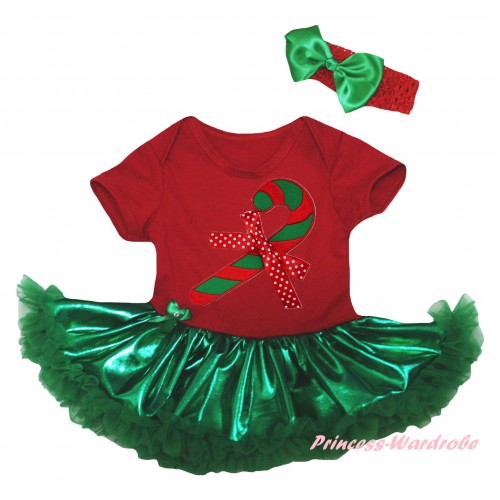Christmas Red Baby Bodysuit Bling Kelly Green Pettiskirt & Christmas Stick Print JS5983