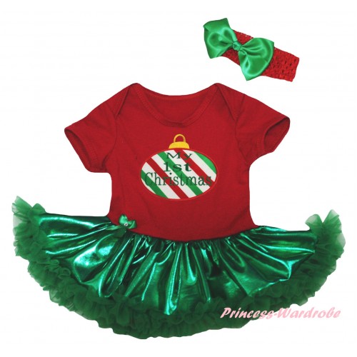 Christmas Red Baby Bodysuit Bling Kelly Green Pettiskirt & Red White Green Striped Christmas Lights Print JS5985