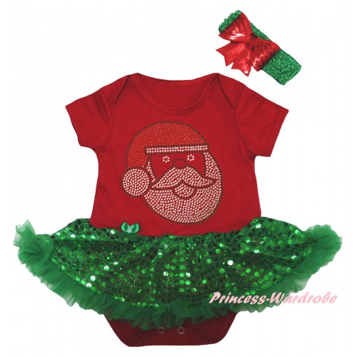 Christmas Red Baby Bodysuit Bling Kelly Green Sequins Pettiskirt & Sparkle Rhinestone Santa Claus Print JS5992