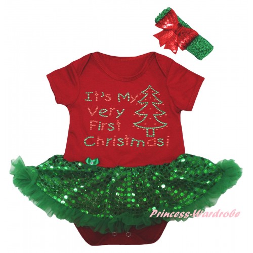 Christmas Red Baby Bodysuit Bling Kelly Green Sequins Pettiskirt & Sparkle Rhinestone It's My Very First Christmas Print JS5994