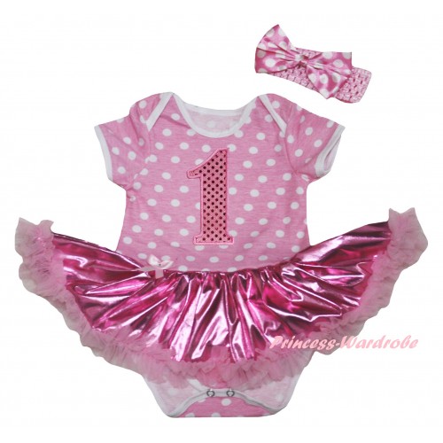 Light Pink White Dots Baby Bodysuit Bling Light Pink Pettiskirt & 1st Sparkle Light Pink Birthday Number Print JS6007