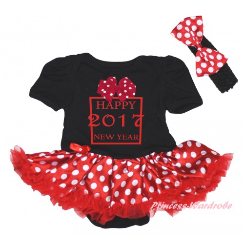 Black Baby Bodysuit Minnie Dots Red Pettiskirt & Sparkle Hot Pink White bow Happy 2017 New Year Painting JS6024