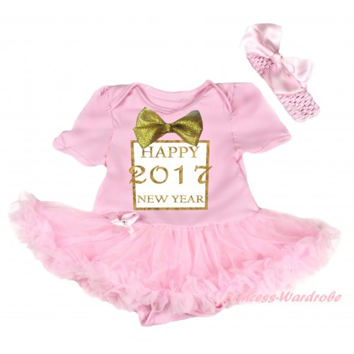 Light Pink Baby Bodysuit Light Pink Pettiskirt & Sparkle Gold bow Happy 2017 New Year Painting JS6025