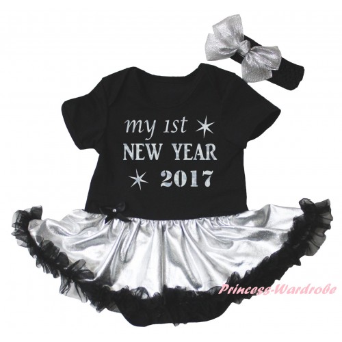 Black Baby Bodysuit Silver Black Pettiskirt & Sparkle My 1st New Year 2017 Painting JS6026