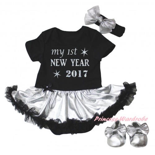 Black Baby Bodysuit Silver Black Pettiskirt & Sparkle My 1st New Year 2017 Painting & Black Headband Silver Bow & Silver Ribbon Shoes JS6030