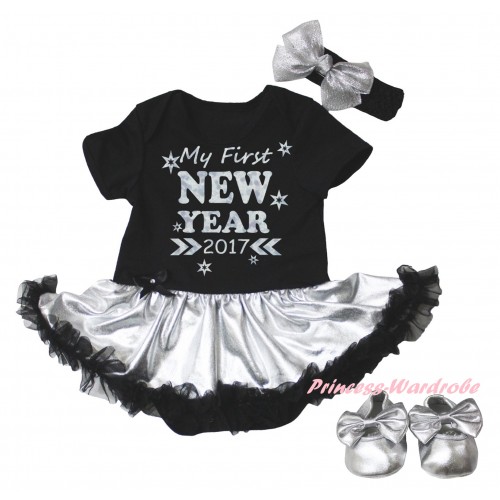 Black Baby Bodysuit Silver Black Pettiskirt & Sparkle My First New Year 2017 Painting & Black Headband Silver Bow & Silver Ribbon Shoes JS6031