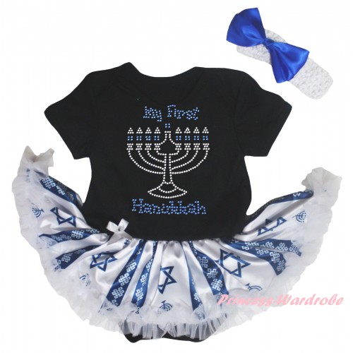 Black Baby Bodysuit Candles Stars Pettiskirt & Sparkle Rhinestone My First Hanukkah Print JS6044