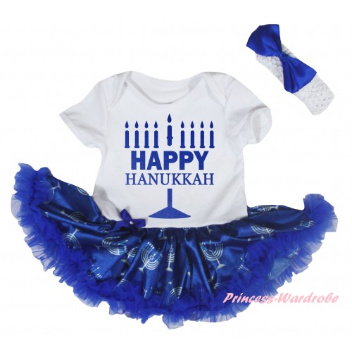 White Baby Bodysuit Blue White Candles Pettiskirt & Happy Hanukkah Painting JS6045