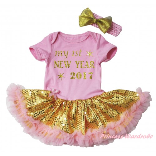 Light Pink Baby Bodysuit Gold Sequins Light Pink Pettiskirt & Sparkle My 1st New Year 2017 Painting JS6057