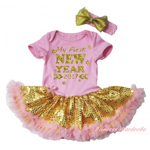 Light Pink Baby Bodysuit Gold Sequins Light Pink Pettiskirt & Sparkle My First New Year 2017 Painting JS6058