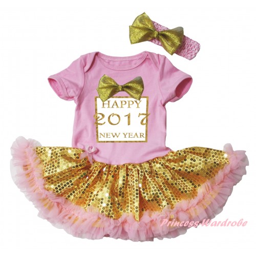 Light Pink Baby Bodysuit Gold Sequins Light Pink Pettiskirt & Sparkle Gold bow Happy 2017 New Year Painting JS6059