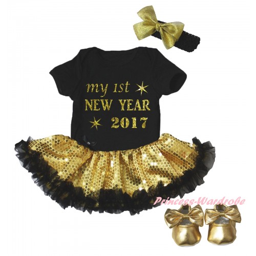 Black Baby Bodysuit Gold Sequins Black Pettiskirt & Sparkle My 1st New Year 2017 Painting & Black Headband Gold Bow & Gold Ribbon Shoes JS6062