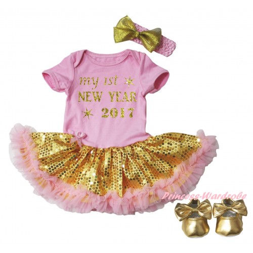 Light Pink Baby Bodysuit Gold Sequins Light Pink Pettiskirt & Sparkle My 1st New Year 2017 Painting & Light Pink Headband Gold Bow & Gold Ribbon Shoes JS6064