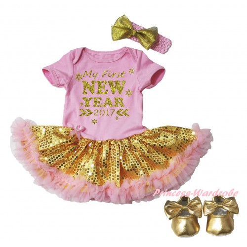 Light Pink Baby Bodysuit Gold Sequins Light Pink Pettiskirt & Sparkle My First New Year 2017 Painting & Light Pink Headband Gold Bow & Gold Ribbon Shoes JS6065