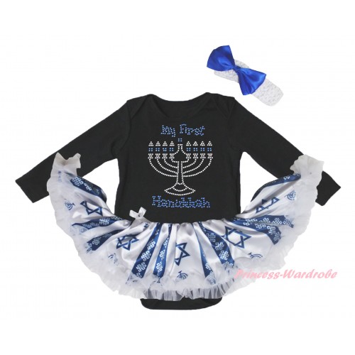 Black Long Sleeve Baby Bodysuit Candles Stars Pettiskirt & Sparkle Rhinestone My First Hanukkah Print JS6073