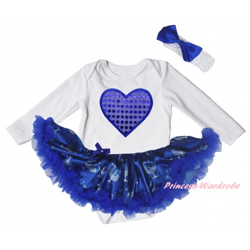 White Long Sleeve Baby Bodysuit Blue White Candles Pettiskirt & Sparkle Royal Blue Heart Print JS6076