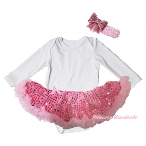White Long Sleeve Baby Bodysuit Sparkle Light Pink Sequins Pettiskirt JS6086
