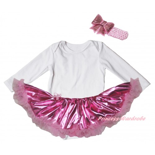 White Long Sleeve Baby Bodysuit Bling Light Pink Pettiskirt JS6098
