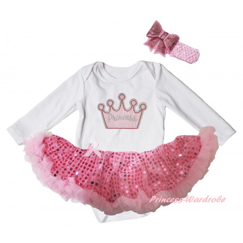 White Long Sleeve Baby Bodysuit Sparkle Light Pink Sequins Pettiskirt & Princess Crown Print JS6100