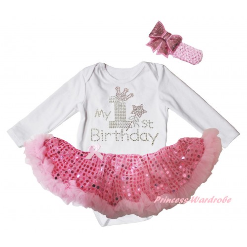 White Long Sleeve Baby Bodysuit Sparkle Light Pink Sequins Pettiskirt & Sparkle Rhinestone My 1st Birthday Print JS6104