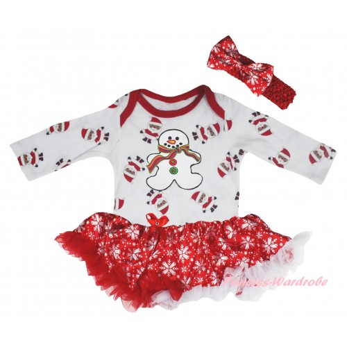 Christmas White Santa Claus Long Sleeve Baby Bodysuit Red White Snowflakes Pettiskirt & Gingerbread Snowman Print JS6112
