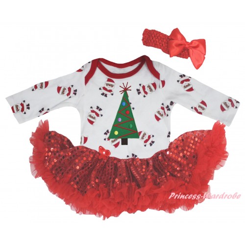 Christmas White Santa Claus Long Sleeve Baby Bodysuit Bling Red Sequins Pettiskirt & Christmas Tree Print JS6125