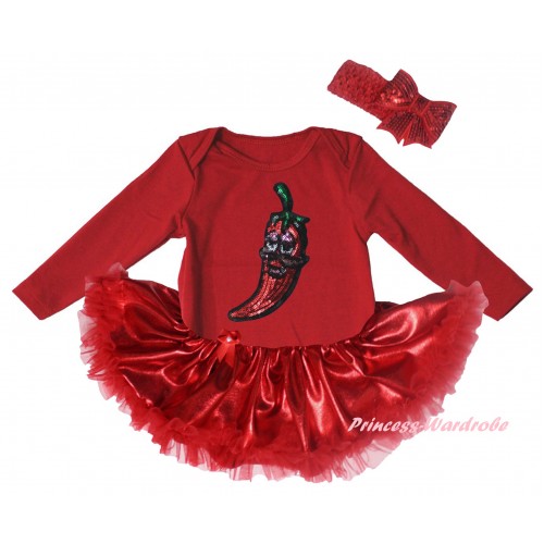 Red Long Sleeve Baby Bodysuit Bling Red Pettiskirt & Sparkle Chili Print JS6133