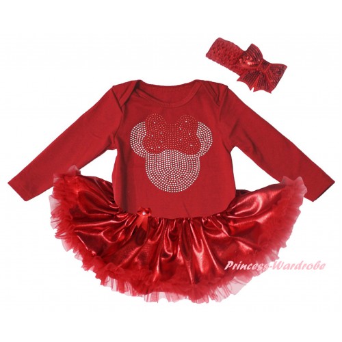 Red Long Sleeve Baby Bodysuit Bling Red Pettiskirt & Sparkle Rhinestone Minnie Print JS6137