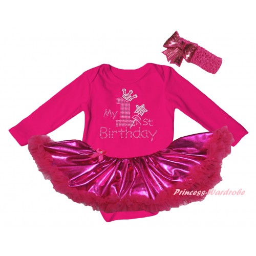Hot Pink Long Sleeve Baby Bodysuit Bling Hot Pink Pettiskirt & Sparkle Rhinestone My 1st Birthday Print JS6147