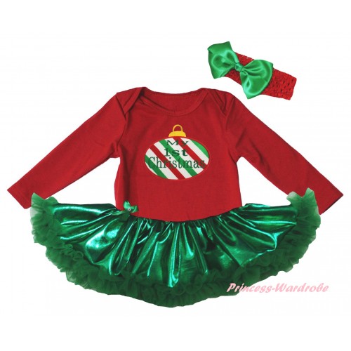 Christmas Red Long Sleeve Baby Bodysuit Bling Kelly Green Pettiskirt & Red White Green Striped Christmas Lights Print JS6152