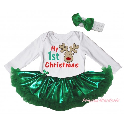 Christmas White Long Sleeve Baby Bodysuit Bling Kelly Green Pettiskirt & My 1st Christmas Reindeer Print JS6156