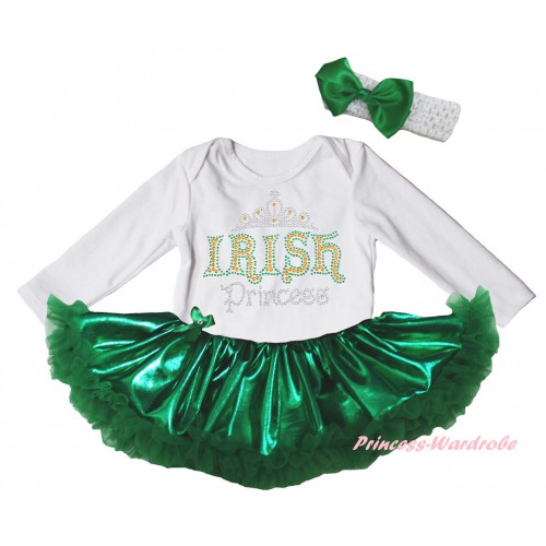 St Patrick's Day White Long Sleeve Baby Bodysuit Bling Kelly Green Pettiskirt & Sparkle Rhinestone IRISH Princess JS6163
