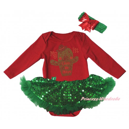 Cinco De Mayo Red Long Sleeve Baby Bodysuit Bling Kelly Green Sequins Pettiskirt & Sparkle Rhinestone My 1st Cinco De Mayo Cactus Print JS6172