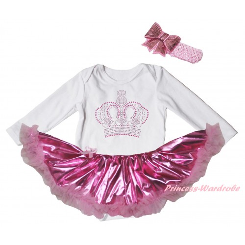 White Long Sleeve Baby Bodysuit Bling Light Pink Pettiskirt & Sparkle Rhinestone Crown Print JS6179