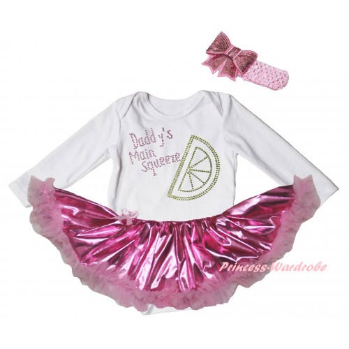 White Long Sleeve Baby Bodysuit Bling Light Pink Pettiskirt & Sparkle Rhinestone Daddy's Main Squeeze Print JS6181