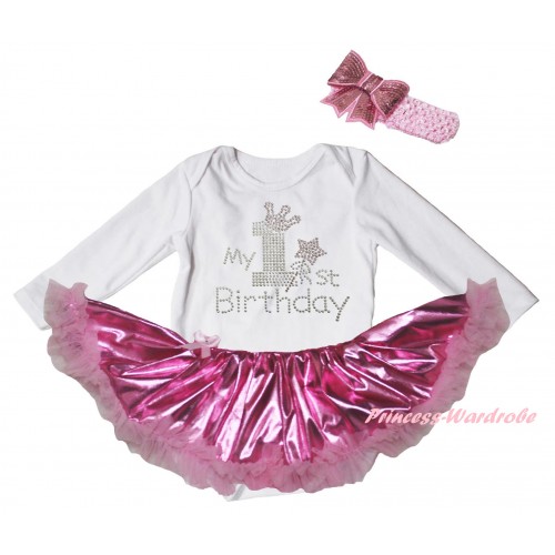 White Long Sleeve Baby Bodysuit Bling Light Pink Pettiskirt & Sparkle Rhinestone My 1st Birthday Print JS6182