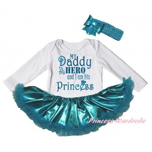 White Long Sleeve Baby Bodysuit Bling Teal Green Pettiskirt & Sparkle My Daddy Is My Hero And I Am His Princess Painting JS6184