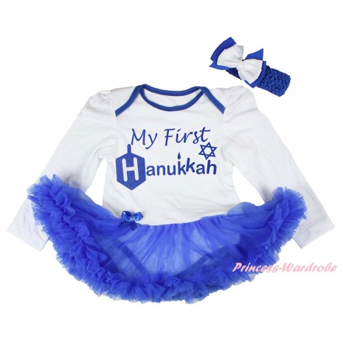 White Long Sleeve Baby Bodysuit Royal Blue Pettiskirt & My First Hanukkah Painting JS6192