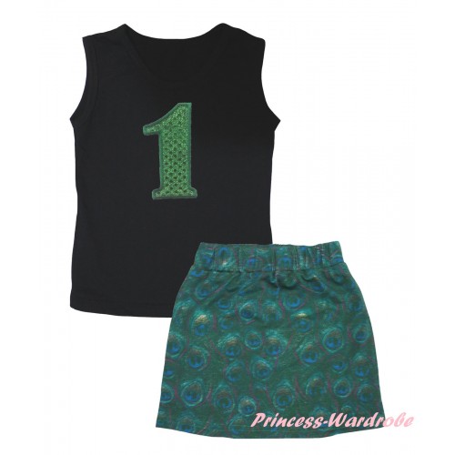 Black Tank Top 1st Sparkle Kelly Green Birthday Number Print & Peacock Girls Skirt Set MG2631