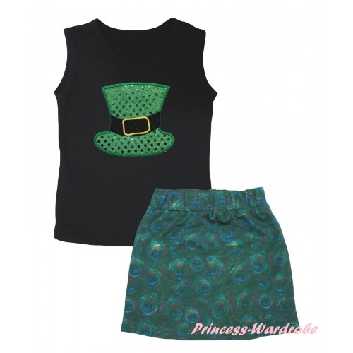 Black Tank Top Sparkle Kelly Green Hat Print & Peacock Girls Skirt Set MG2634