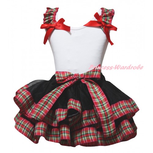 White Pettitop Red Green Checked Ruffles Red Bow & Black Red Green Checked Trimmed Pettiskirt MG2648