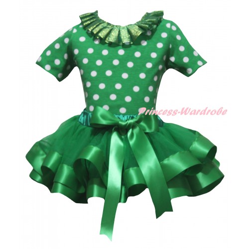 Kelly Green White Dots Pettitop Kelly Green Lacing & Kelly Green Trimmed Pettiskirt MG2649