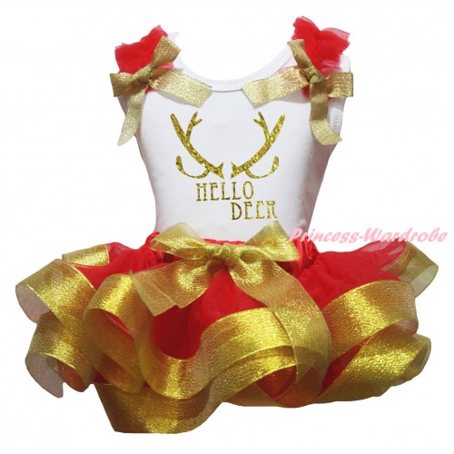 Christmas White Pettitop Red Ruffles Gold Bow & Sparkle Gold Hello Deer Painting & Red Gold Trimmed Pettiskirt MG2655