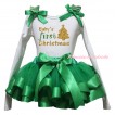 Christmas White Pettitop Kelly Green Ruffles Bow & Sparkle Baby's First Christmas Painting & Kelly Green Trimmed Pettiskirt MG2661